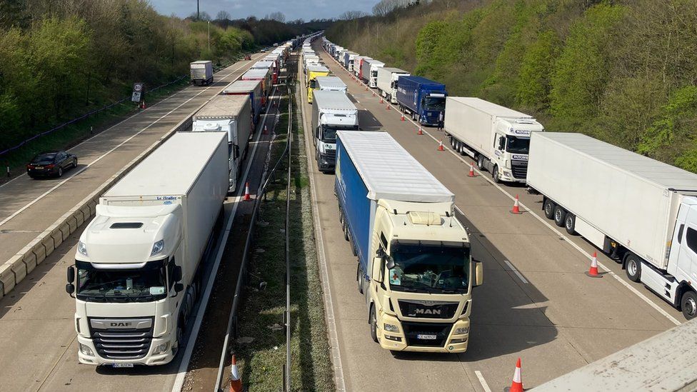 Lorries queuing on M20 in Operation Brock at Ashford